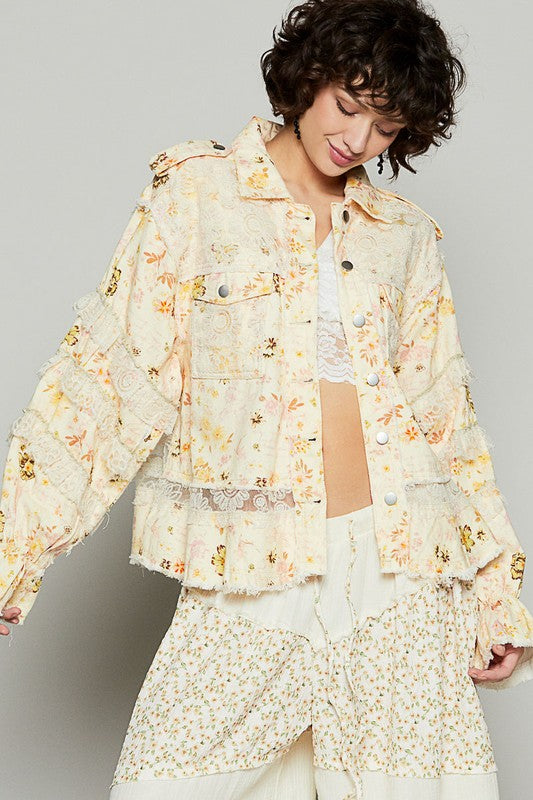 Raw Hem Floral Lace Patch Flounce Sleeve Jacket