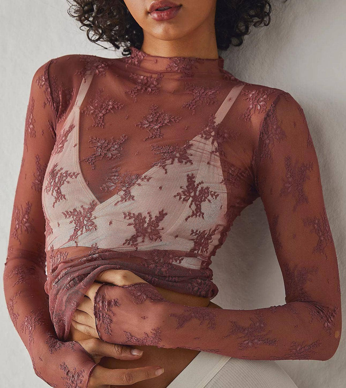 Sheer Lace Top Shirt Rosa Clothing (Red Brown) Red Brown / S Sheer Lace Top Shirt Rosa Clothing (Red Brown) Red Brown / S