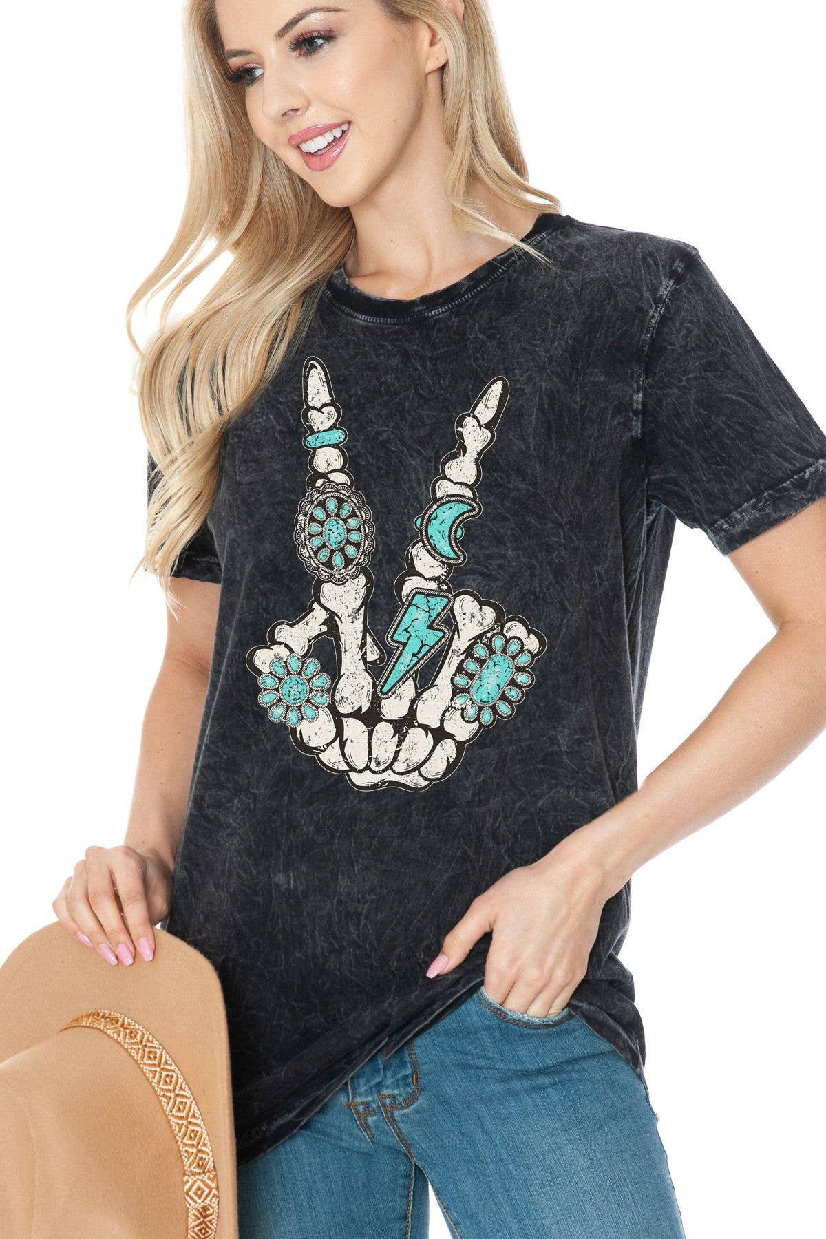 Skeleton Turquoise Peace Mineral Wash T Shirt BouTeeQue Closet