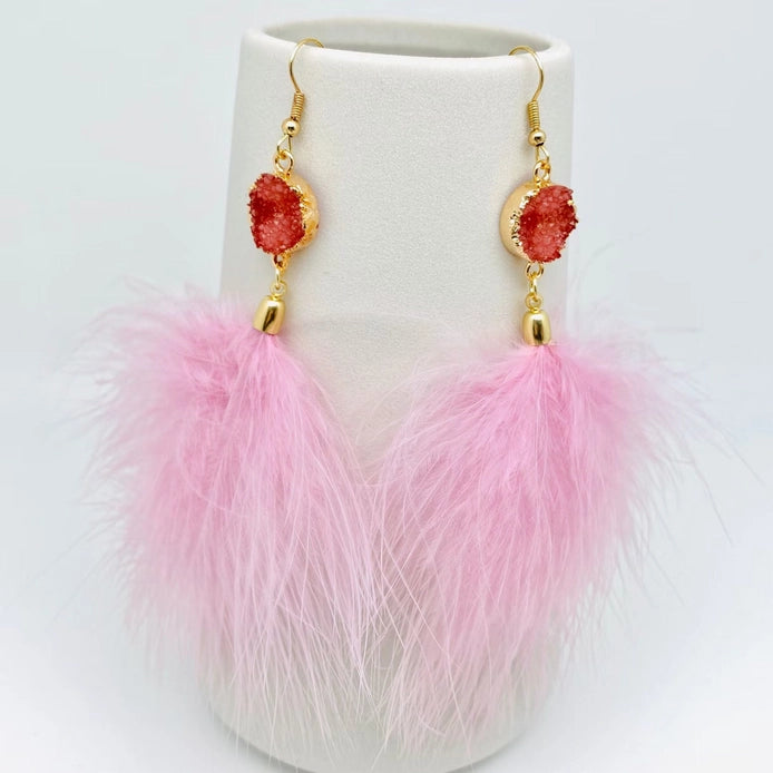 Temperament Feather Tassels Earrings Mio Queena (Pink)