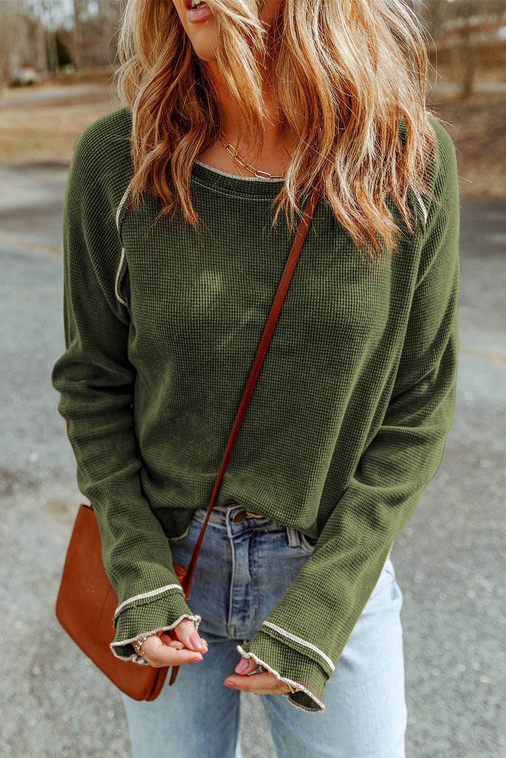 Textured Round Neck Long Sleeve Top (Green)