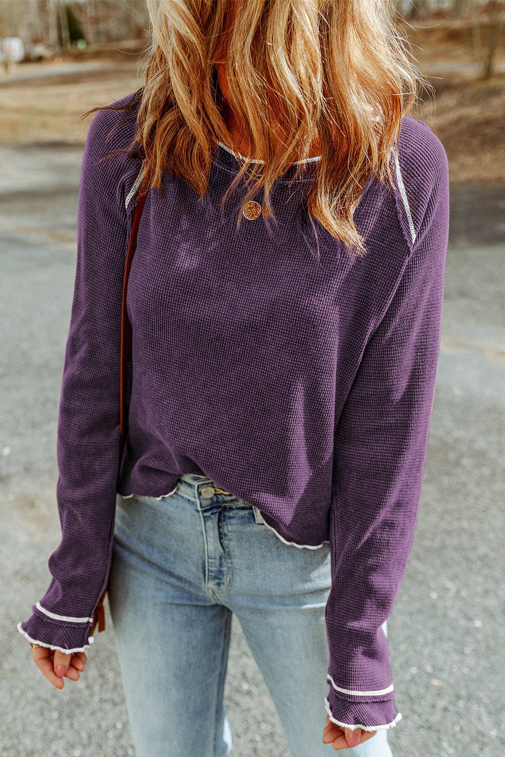 Textured Round Neck Long Sleeve Top (Purple)