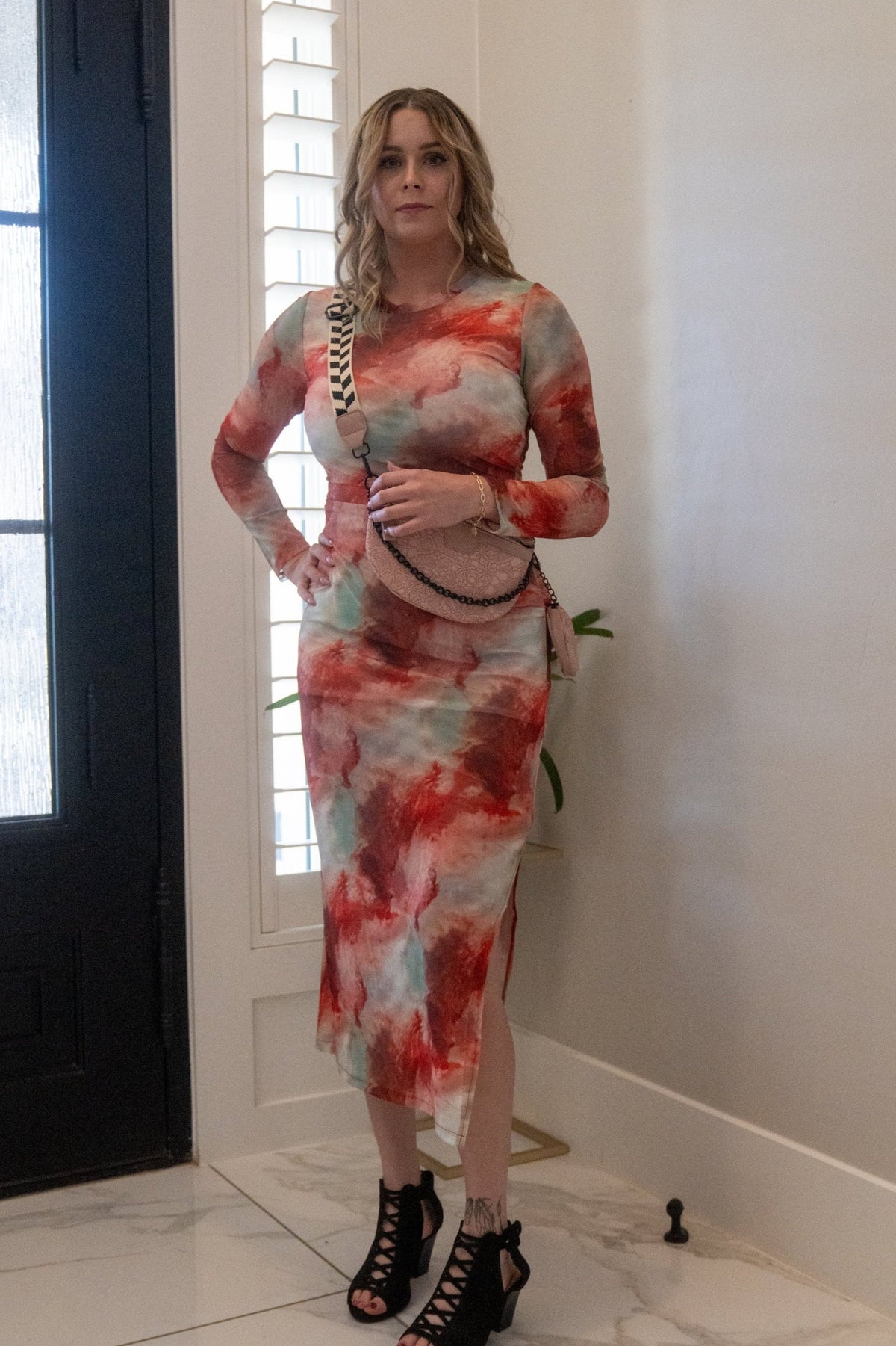 mesh tie dye dress Tie Dye Mesh Midi Dress - Blue/combo
