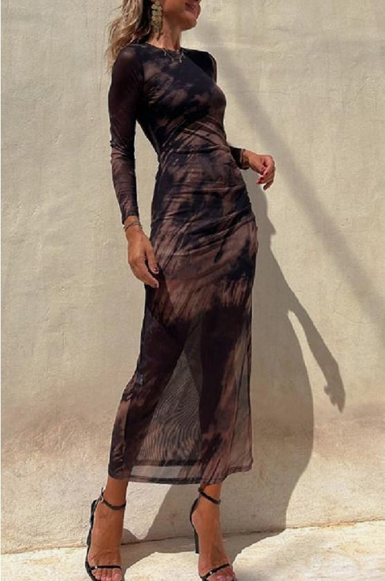 Tie Dye Black Mesh Ruched Split Maxi Dress X-Large / Rose Tie Dye Black Mesh Ruched Split Maxi Dress X-Large / Rose