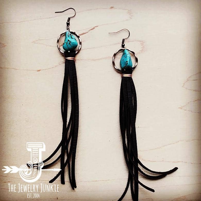 Turquoise Drop Earrings with Leather Tassel Black The Jewelry Junkie