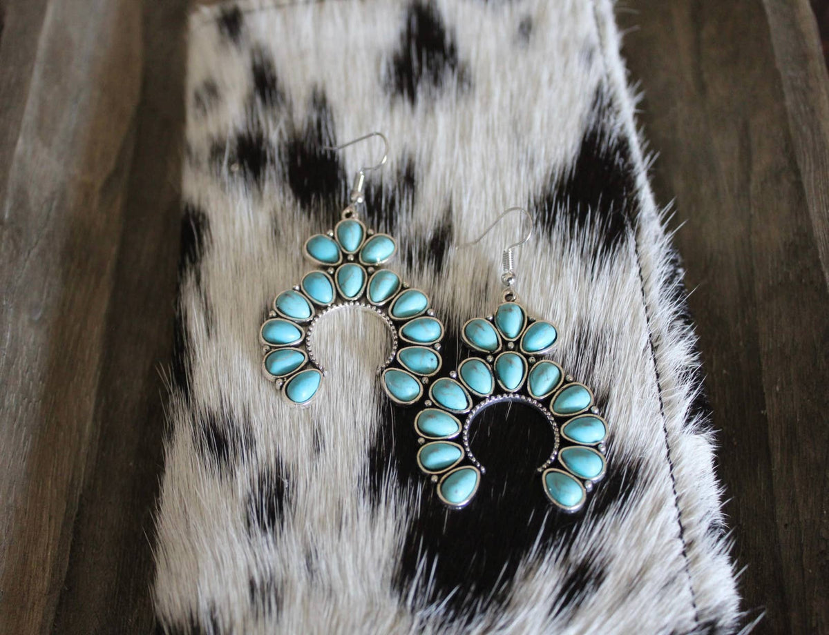 Turquoise Western Boho Squash Blossom Earrings