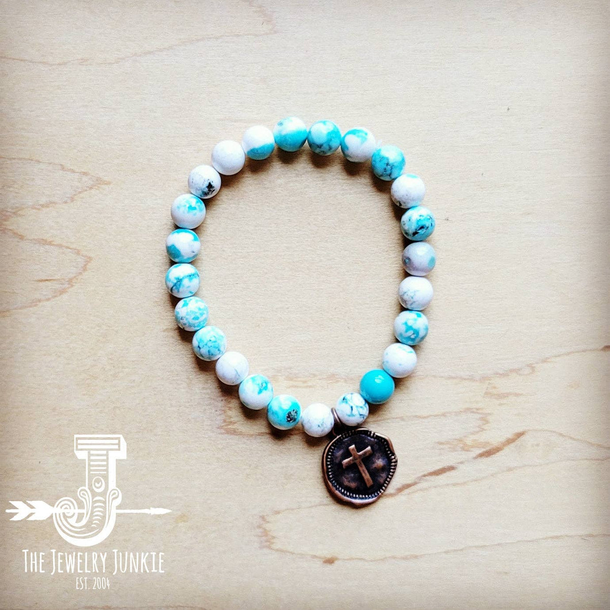 Turquoise White Beaded Stretch Bracelet with Coin The Jewelry Junkie