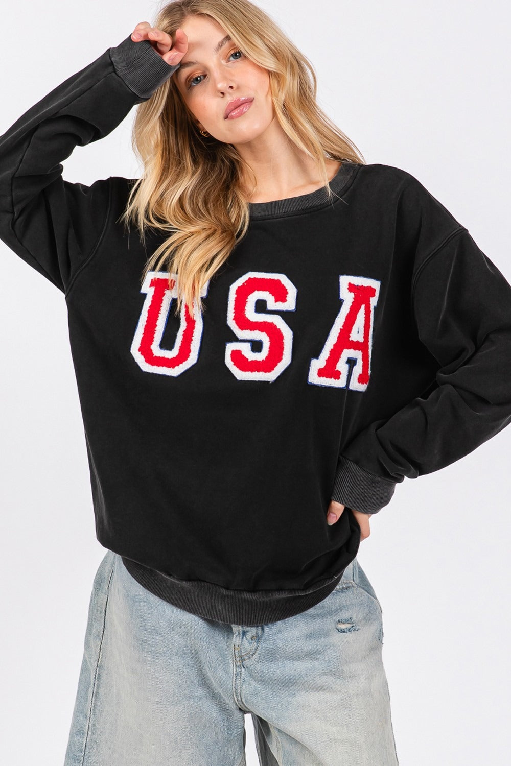 Usa Letter Patch Round Neck Sweatshirt