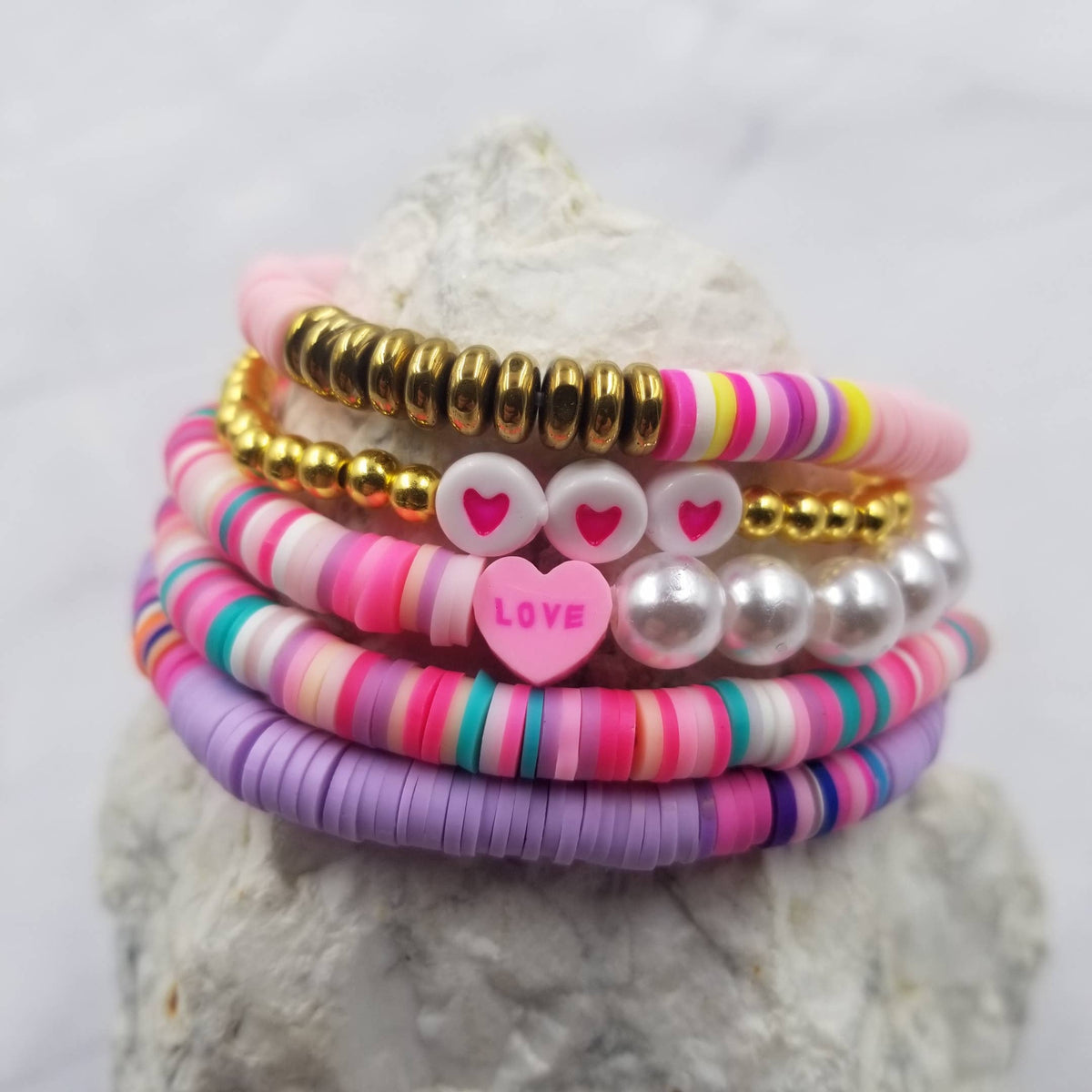 Valentines Love Heart Heishi Bracelets Set Of 5 The Pretty Jewellery