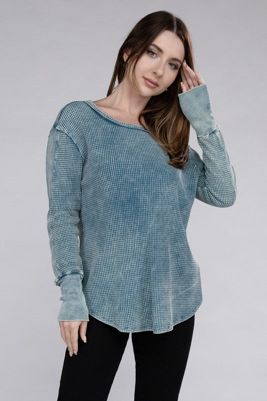 Washed Baby Waffle Long Sleeve Top (Teal)