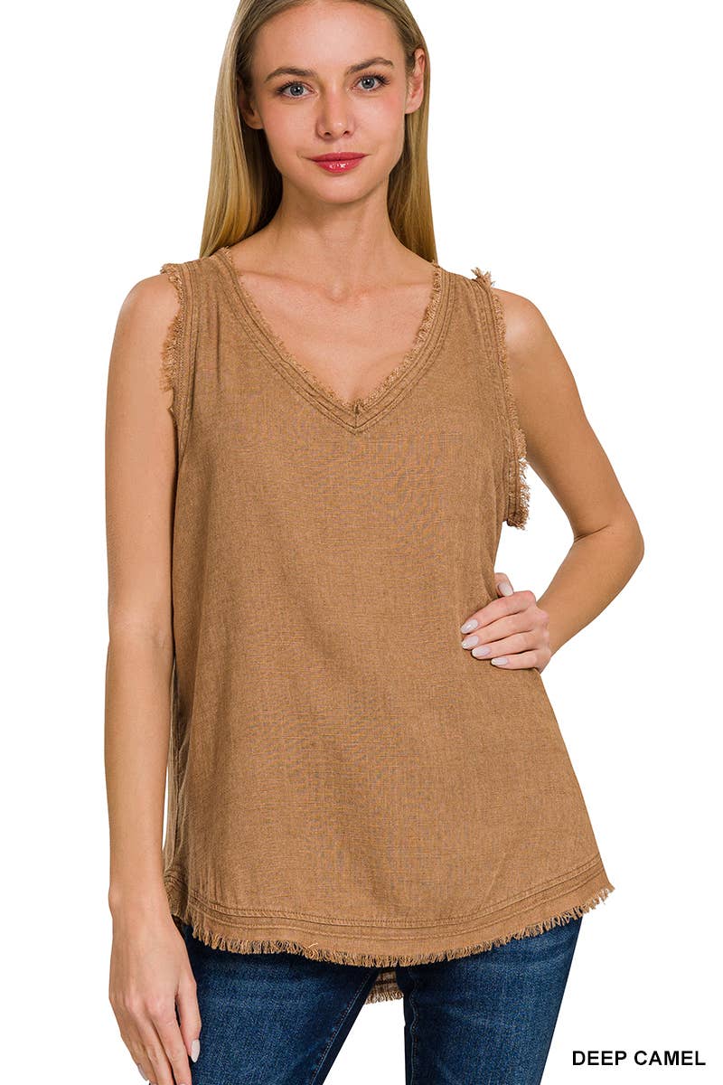 Deep Camel Washed Linen Frayed Edge V-neck Sleeveless Top Zenana