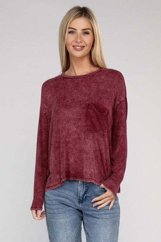 Washed Ribbed Dolman Sleeve Round Neck Top (Cabernet)