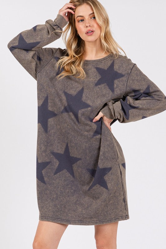 Washed Star Print Round Neck Dress