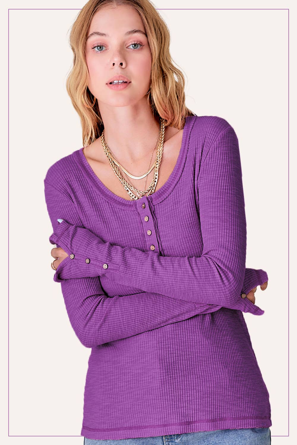 Ribbed Henley Neck Stitched Fitted Long Sleeve Top (Magenta)