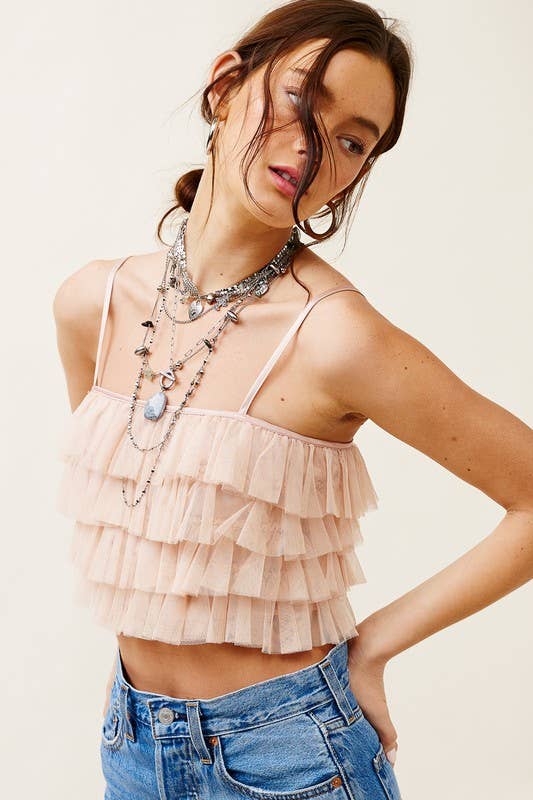Ruffled Tulle Tiered Cropped Tank Top