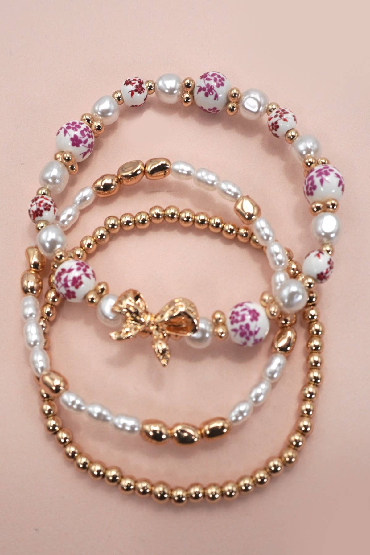 Pink Ceramic Porcelain Bow Multi-Layer Ball and Pearl Bracelet