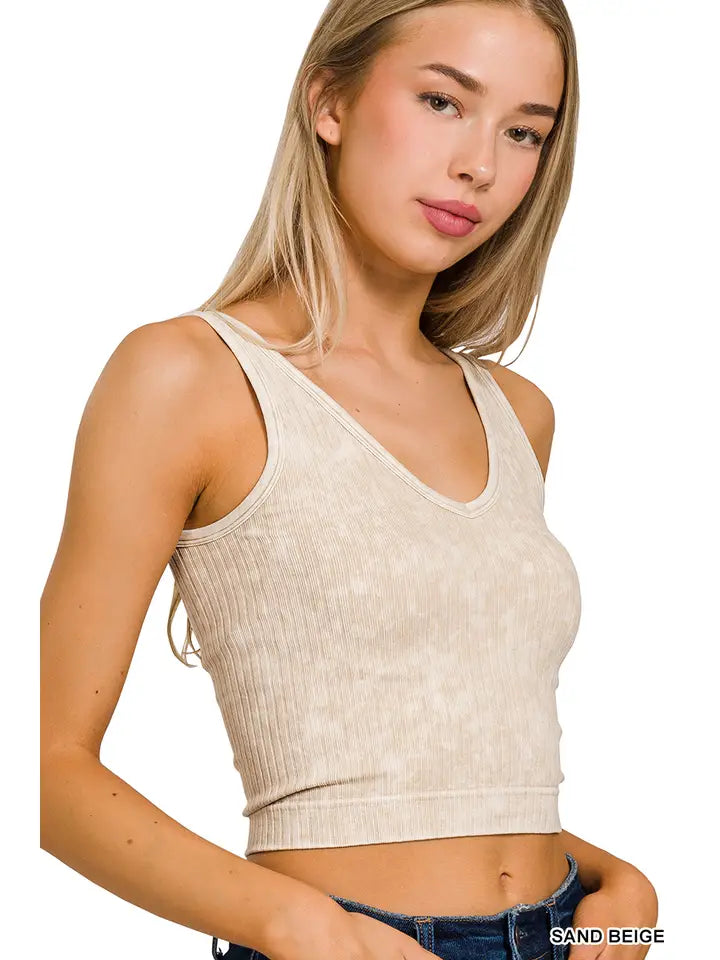 Washed Ribbed Cropped Tank Top Zenana (Sand)