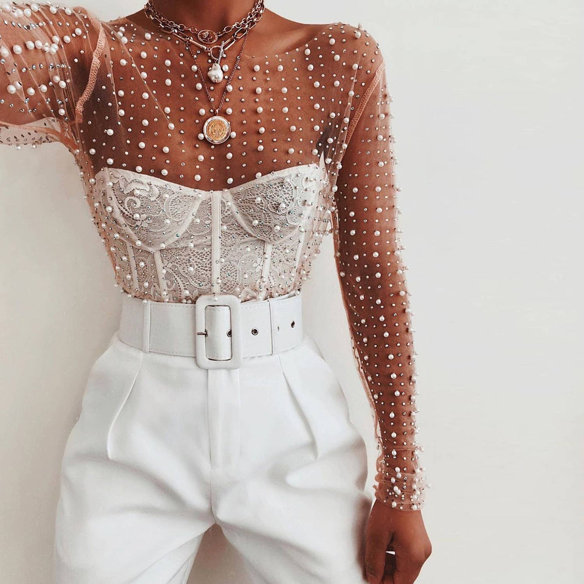 Pearl rhinestone studded sheer mesh see through T-shirt top -Rosa Clothing