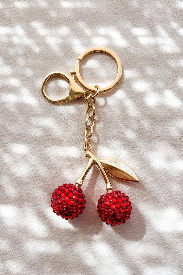 Red Cherry with Gold Leaf Purse Charm Key Chain