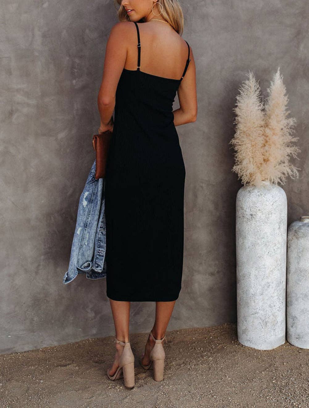 buttoned ribbed dress Ribbed Knit Long Sleeve Button Down Midi Dress