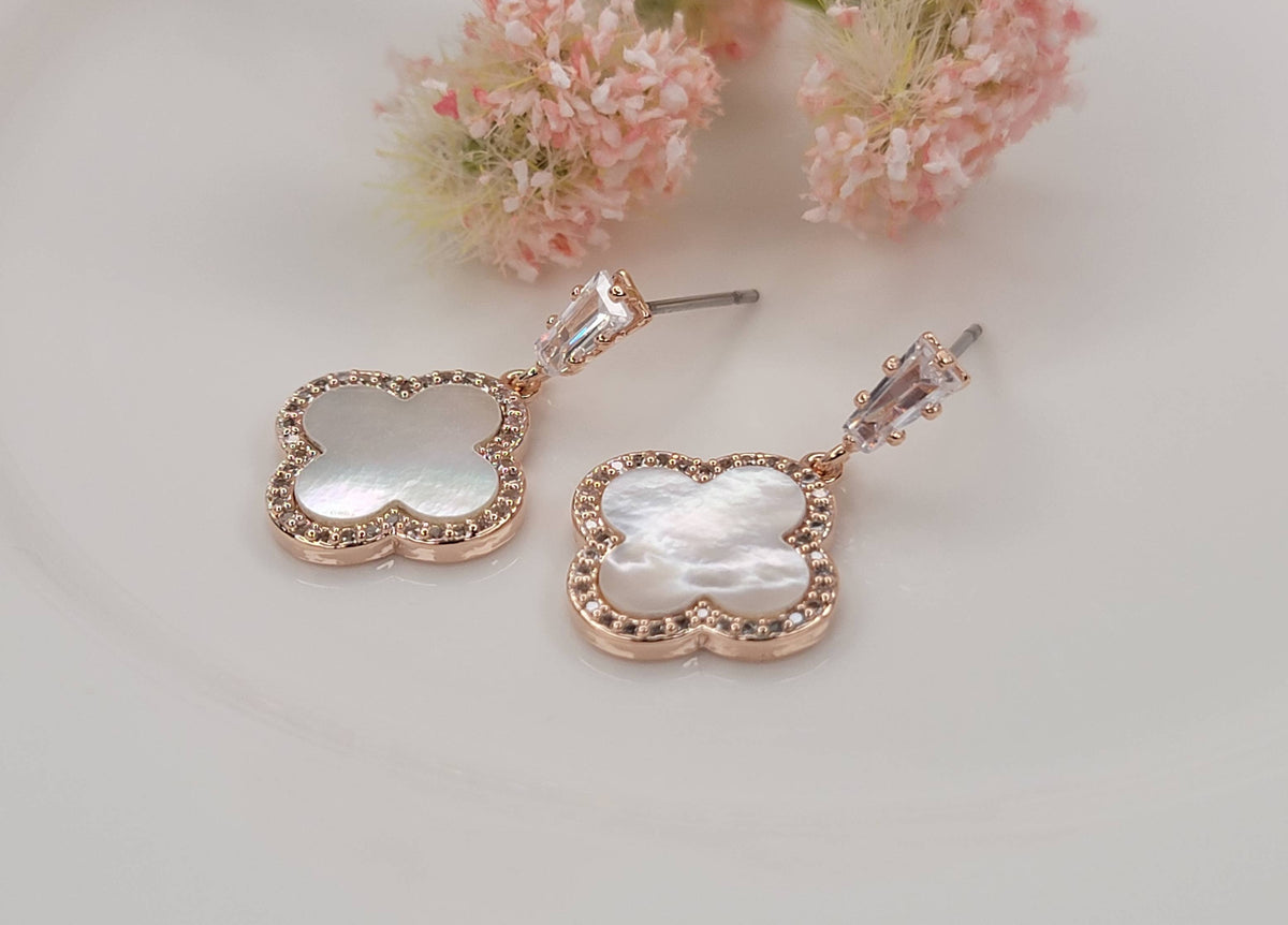 Mother Of Pearl Four Leaf Clover Dangle Earrings. Rose Gold- Crystal Works by Betty Oh