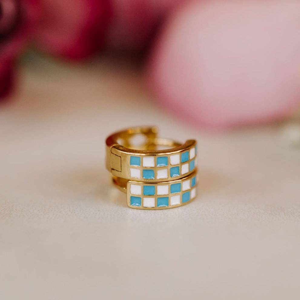 Blue & White Checkered Hoops- Mauve Jewelry Co.