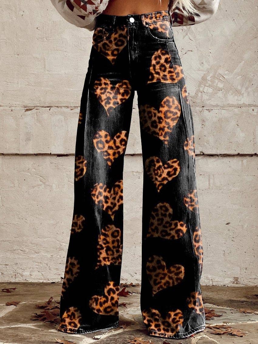 Printed Leopard Heart Wide Leg Pants Flared Jeans