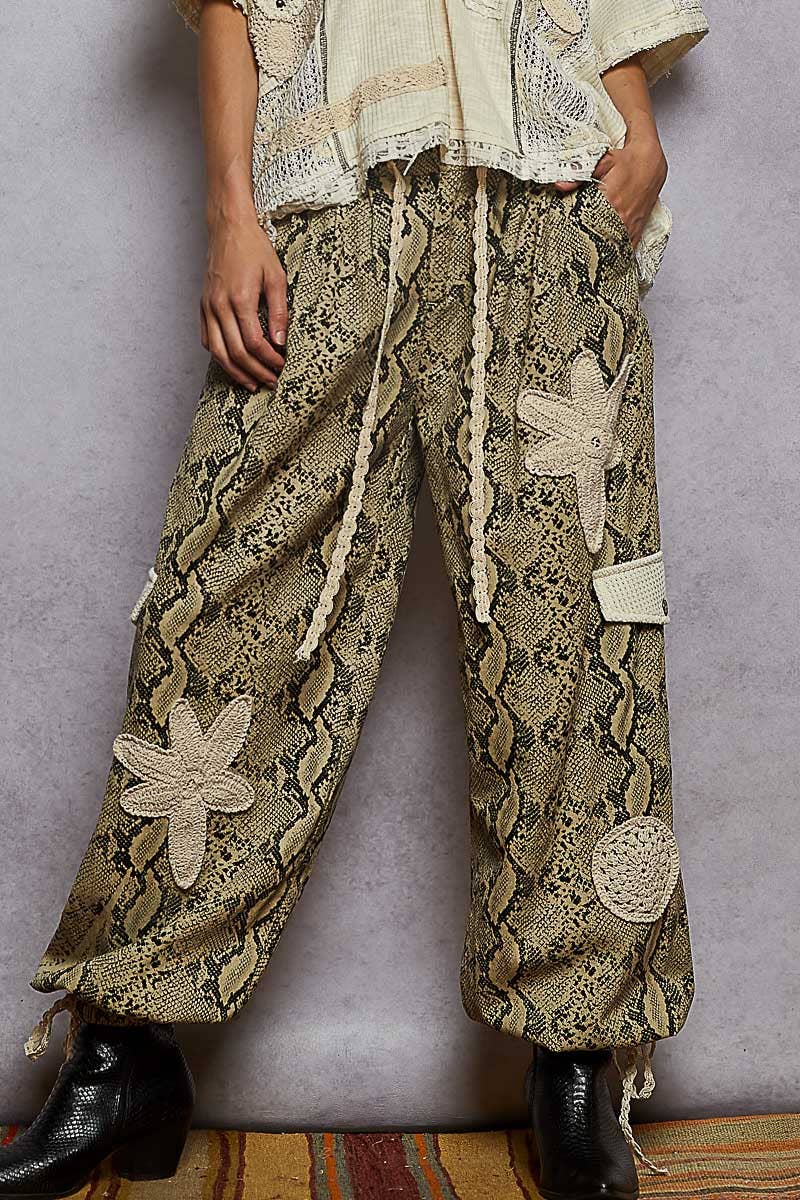 Pleat Detail Floral Patchwork Cargo Pants
