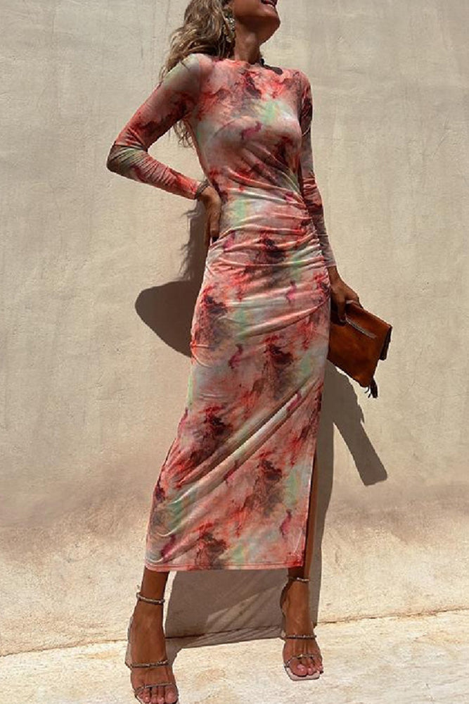 Tie Dye Rose Mesh Ruched Split Maxi Dress- My Store