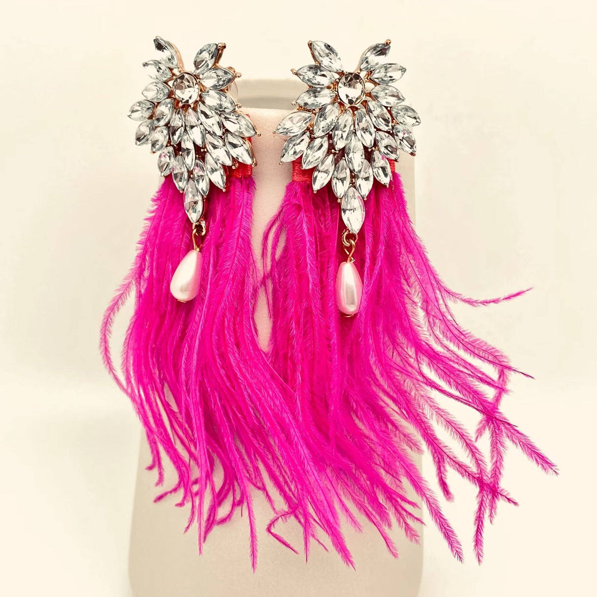 Fuchsia Feather Rhinestone Stud Earrings- Mio Queena