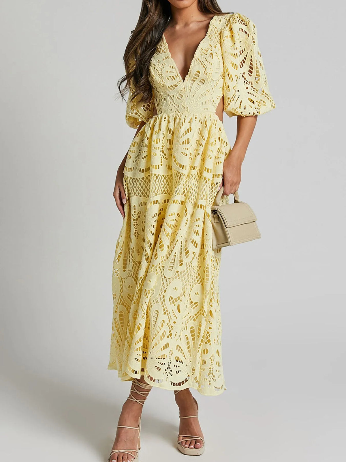 Cutout Back Lace Crochet V-Neck Dress Multiple Colors