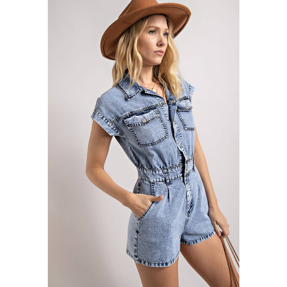 Denim Collard Button Down Romper - Sweet Genius