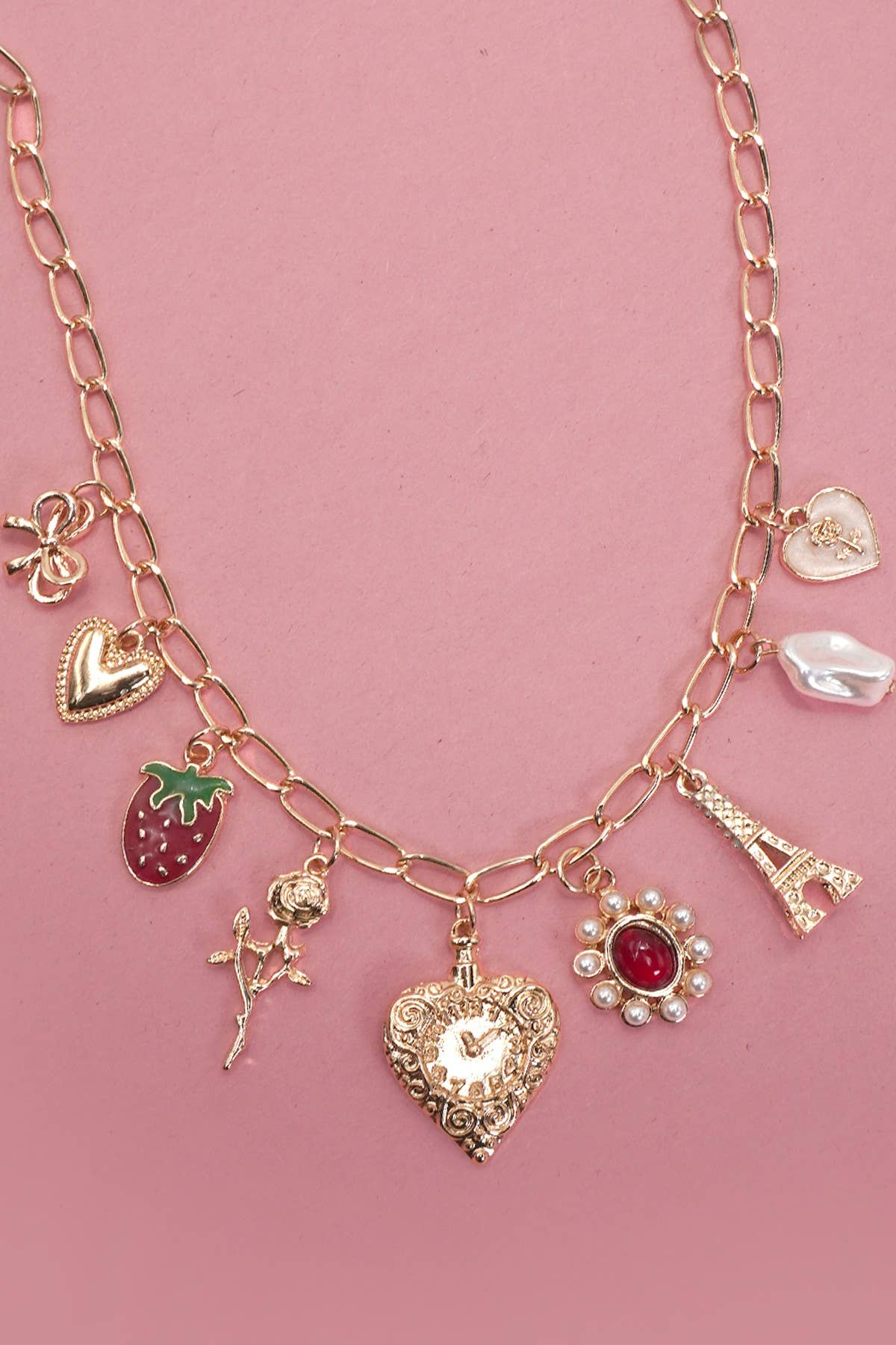 Charm Necklace Heart Bow Rose Strawberry Eiffel Tower