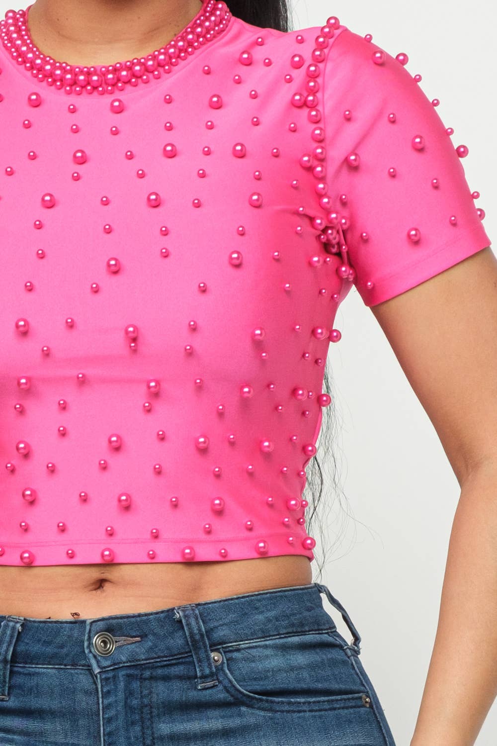 Front Pearls Embellished Detail Crop Top- Julia by LoveJ