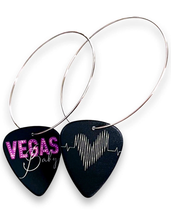 Vegas Baby Black Reversible Single Guitar Pick Earrings Stainless Steel 50mm hoops.