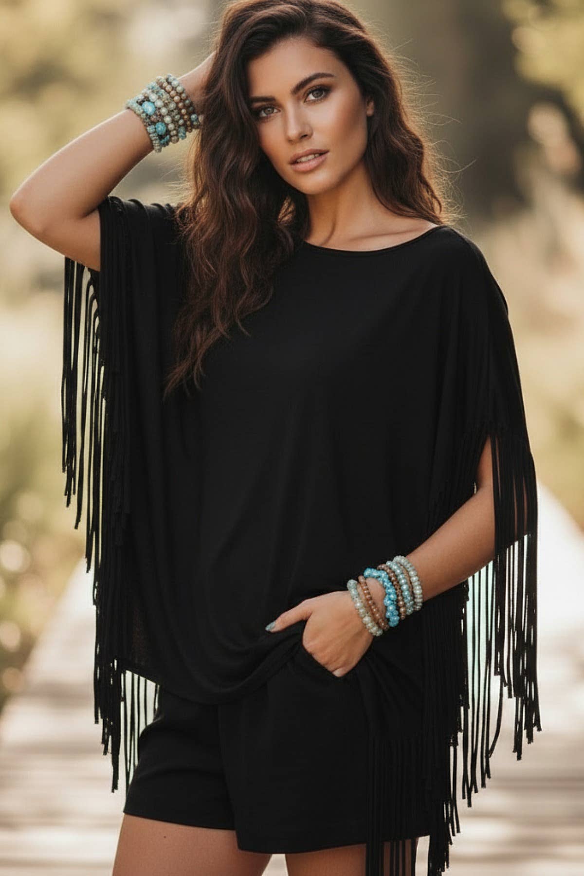 Shally Solid Soft Stretch Fringed Tunic Top