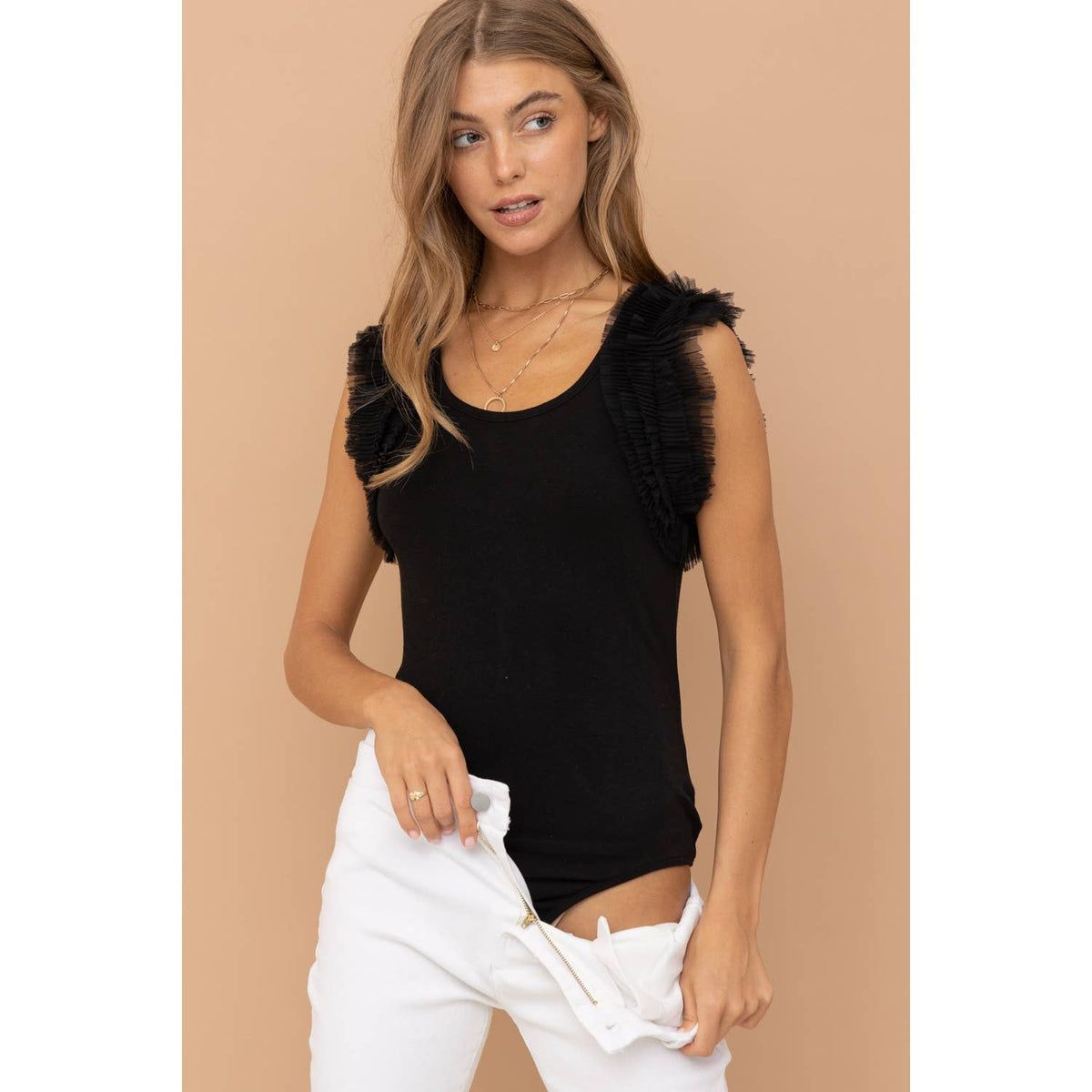 Tulle Ruffle Black Sleeve Bodysuit Apolline