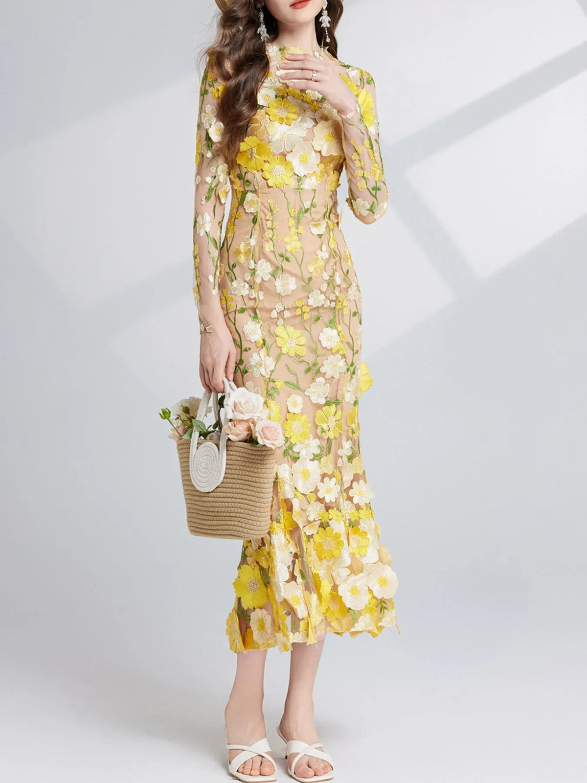 embroidered mesh dress long sleeve Miss Circle Women's Kira Bead Embroidered Mesh Off Shoulder Long Sleeve Mini Dress