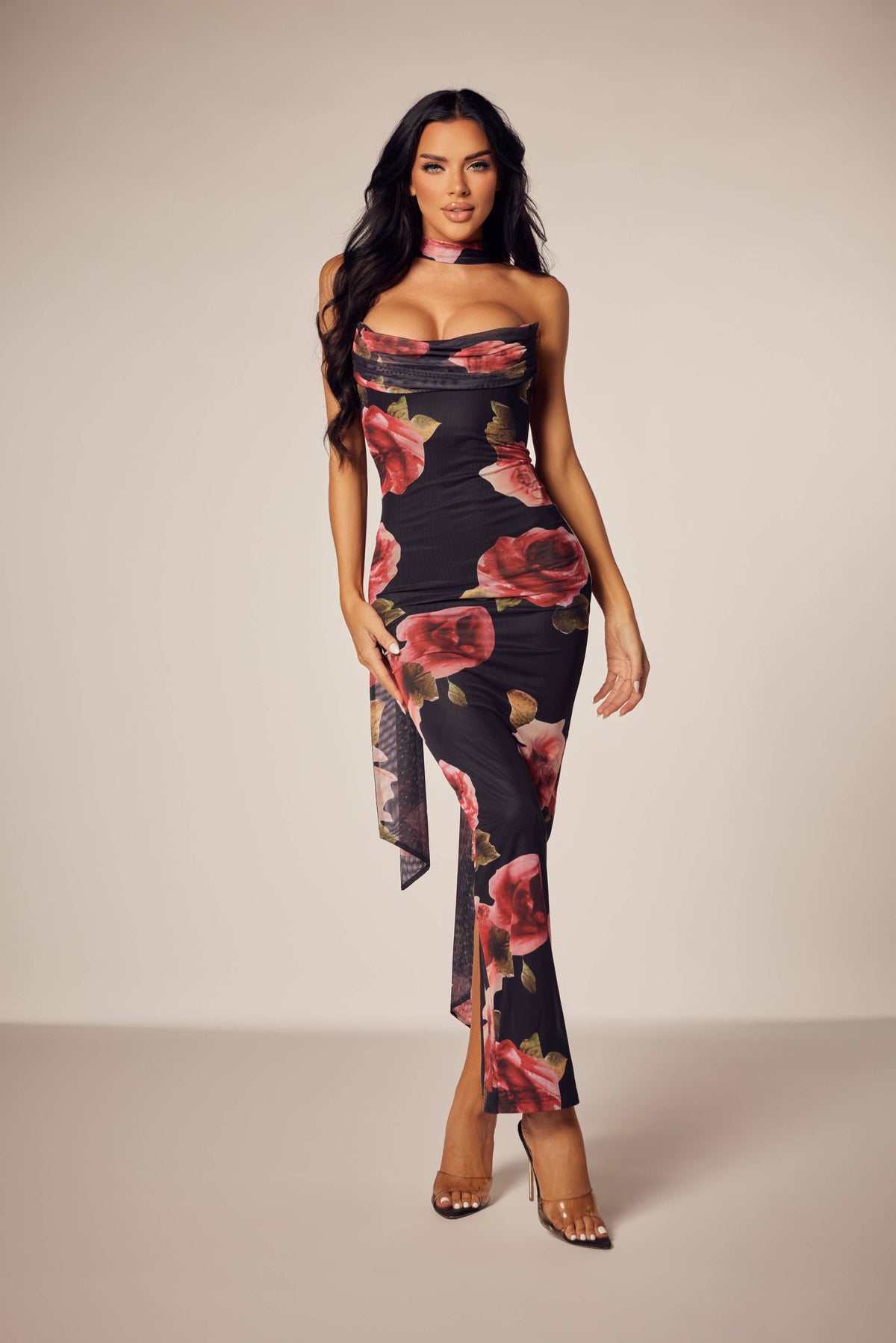 hot mesh dress Jasmyn Hot Fix Maxi Dress With Mesh Back / Chocolate | MESHKI