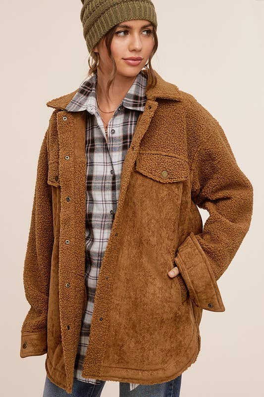 Faux Suede Oversized Button Down Jacket with Pockets