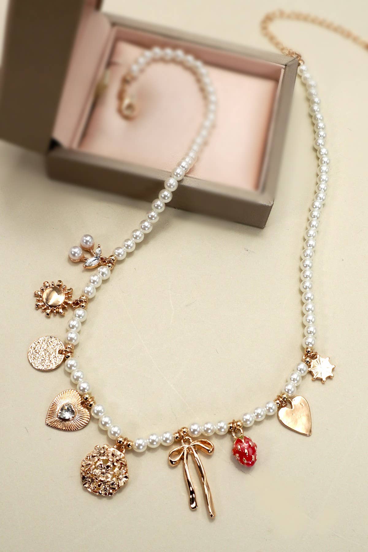 Pearl Beaded Bow Strawberry Cherry Necklace