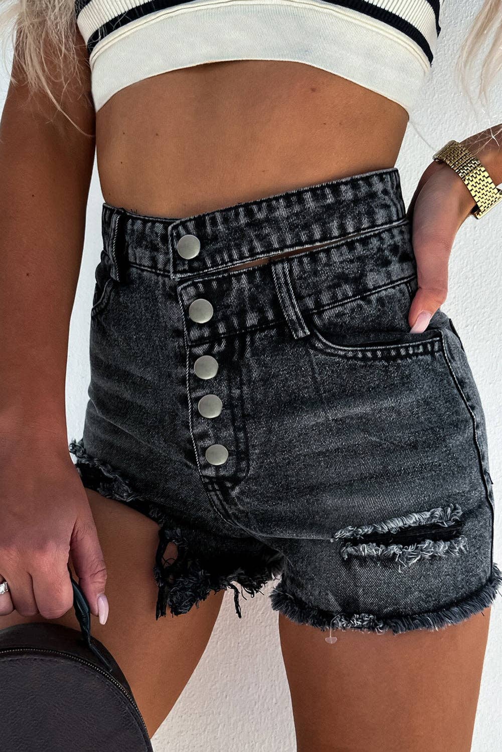 High Waist Multi Buttons Raw Edge Denim Shorts- Full Time Purchase