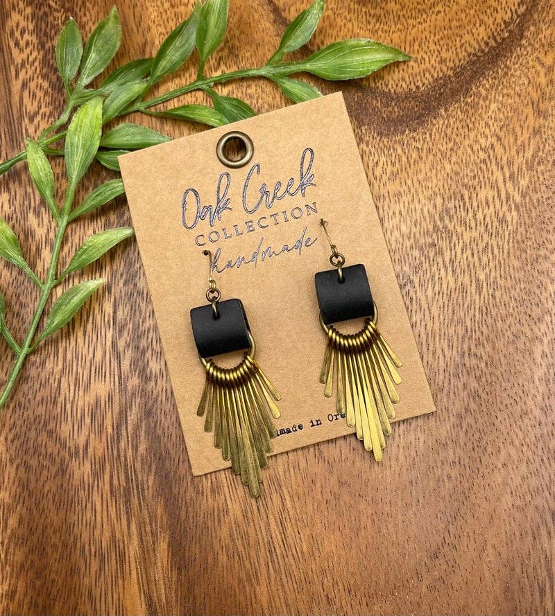 Leather Strap w/Hammered Metal Fringe Earring - Oak Creek Collection Handmade