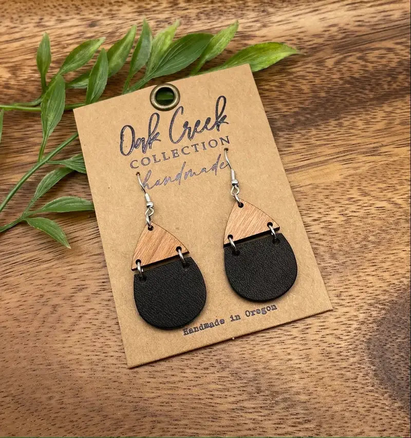 Leather/Wood Split Teardrop Earring 1 1/4" - Oak Creek Collection Handmade