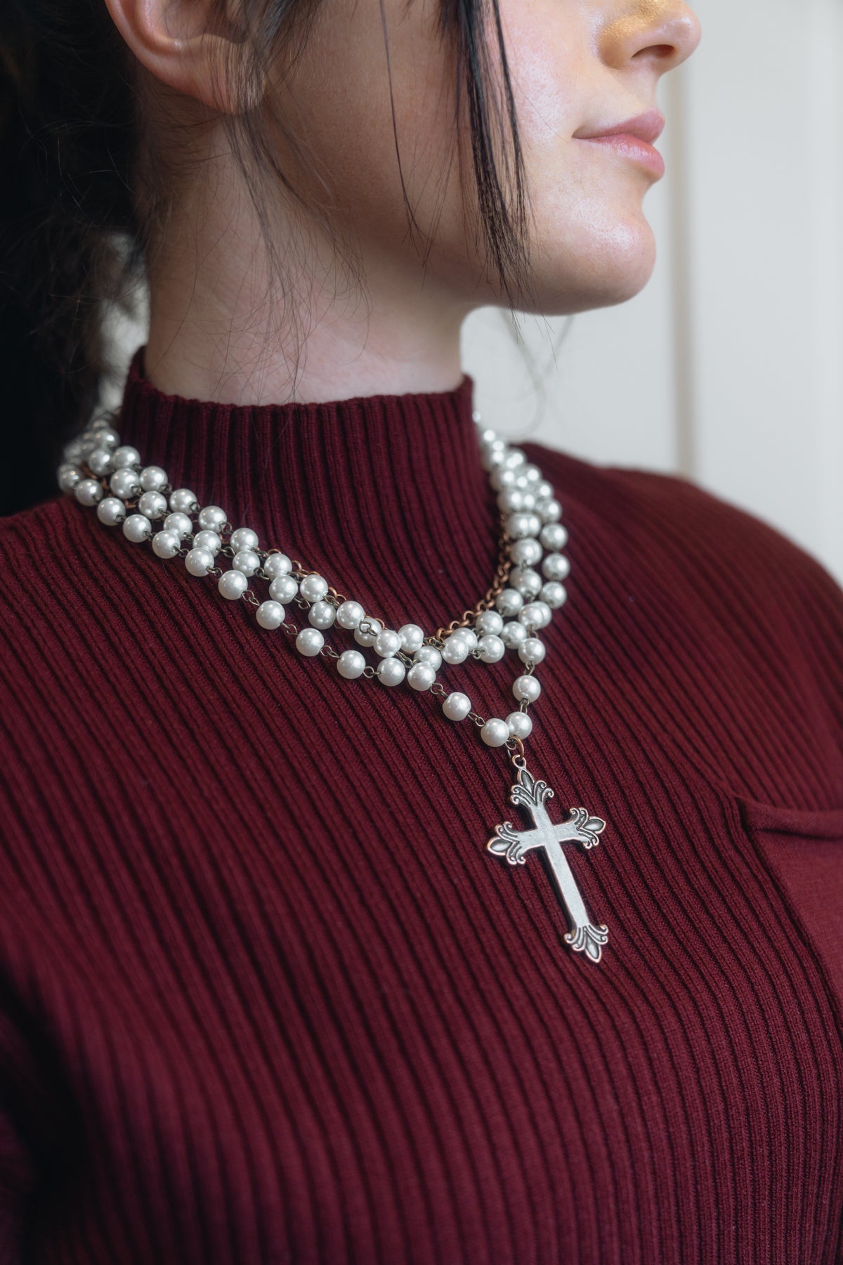 Pearl and Copper Collar-Length Necklace w/ Copper Cross- My Store