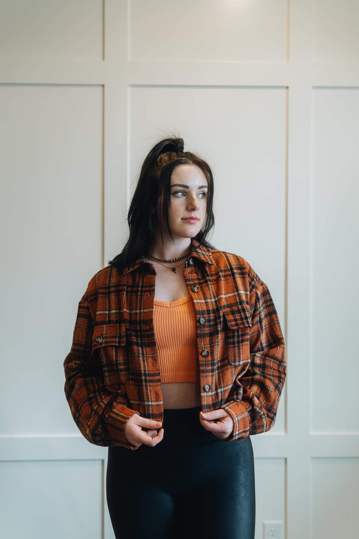 Yarn Dyed Plaid Button Up Crop Shirt Jacket- My Store