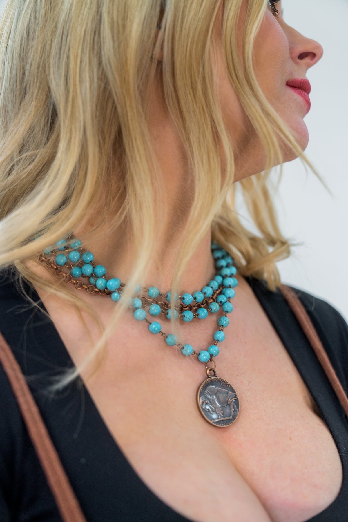 Blue Turquoise Collar-Length Necklace with Indian Head Coin -The Jewelry Junkie