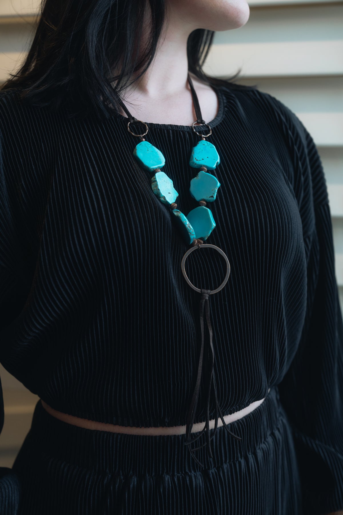 Turquoise Slab Necklace with Genuine Leather Tassel My Store