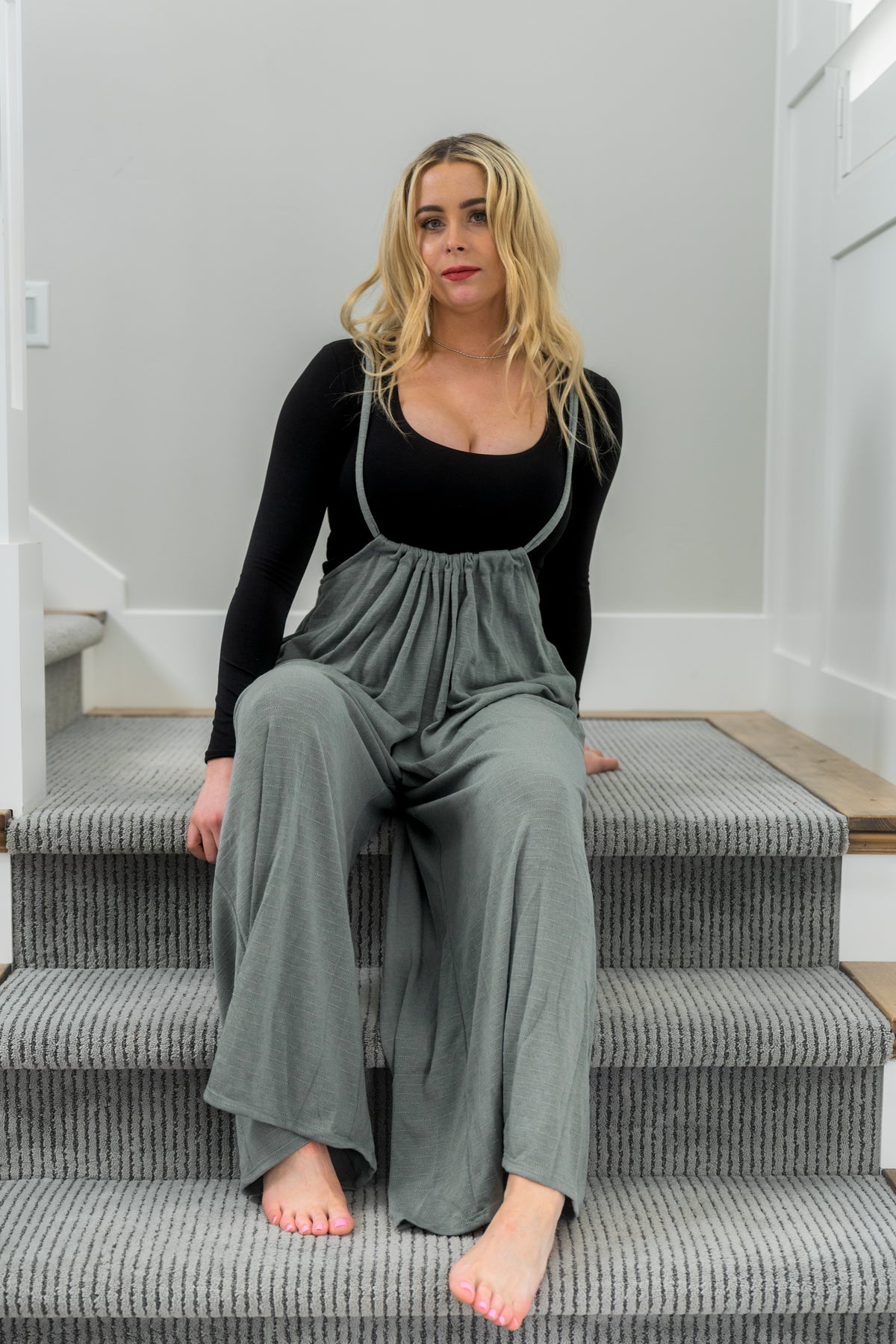 Wide Leg Solid Textured Knit Jumpsuit Pants- Bucketlist