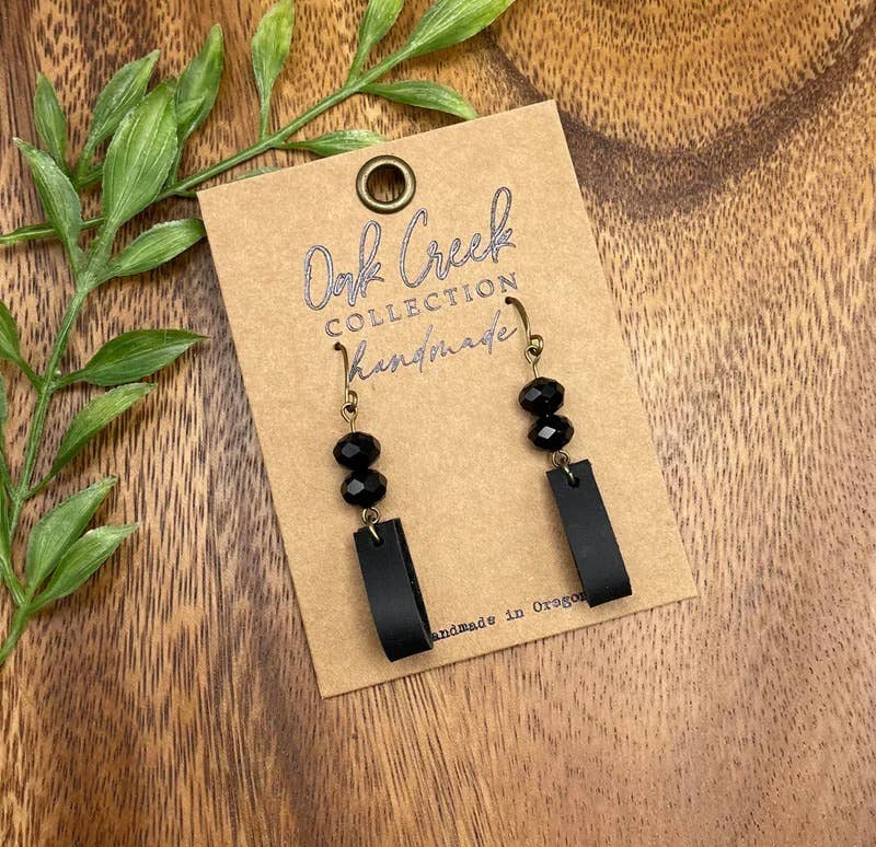 Black Bead w/Small Black Leather Loop Earring 1 1/2”- Oak Creek Collection Handmade